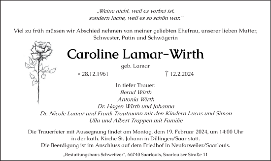 Todesanzeige von Caroline Lamar-Wirth von saarbruecker_zeitung