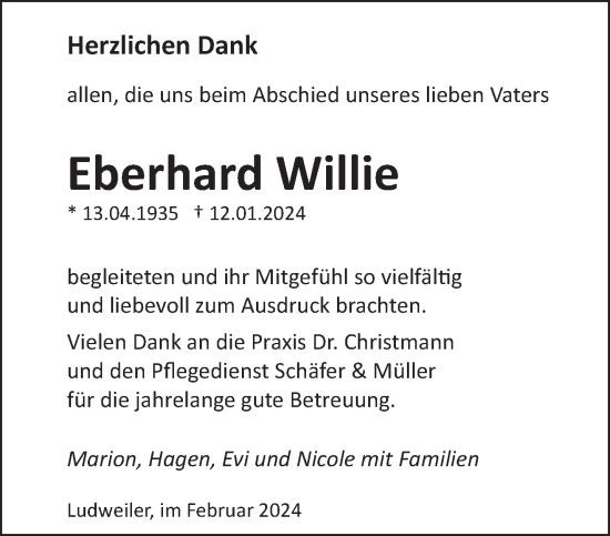 Todesanzeige von Eberhard Willie von saarbruecker_zeitung