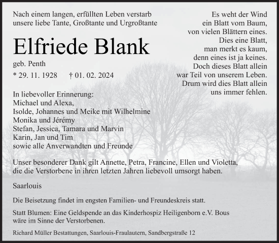 Todesanzeige von Elfriede Blank von saarbruecker_zeitung