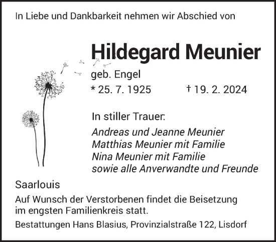 Todesanzeige von Hildegard Meunier von saarbruecker_zeitung
