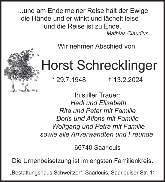 Todesanzeige von Horst Schrecklinger von saarbruecker_zeitung