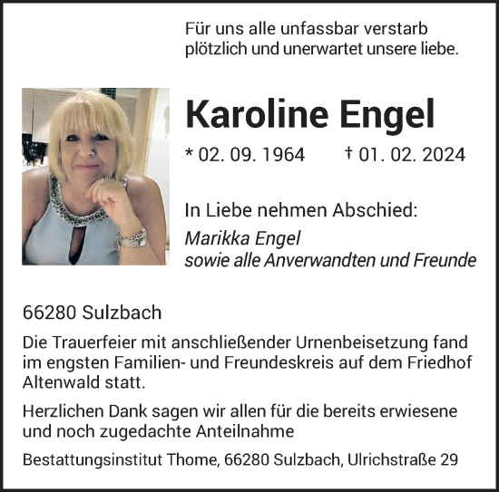 Todesanzeige von Karoline Engel von saarbruecker_zeitung