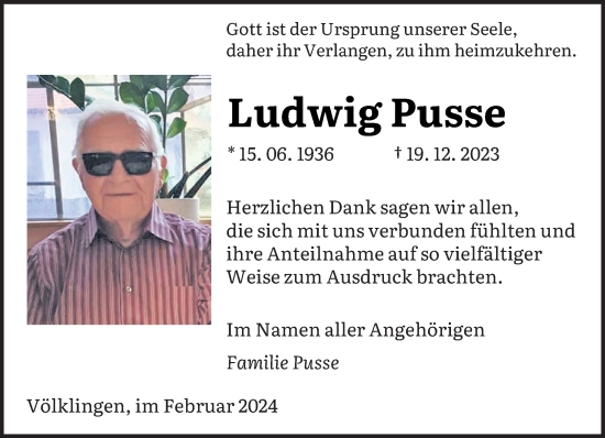 Todesanzeige von Ludwig Pusse von saarbruecker_zeitung