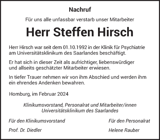 Todesanzeige von Steffen Hirsch von saarbruecker_zeitung