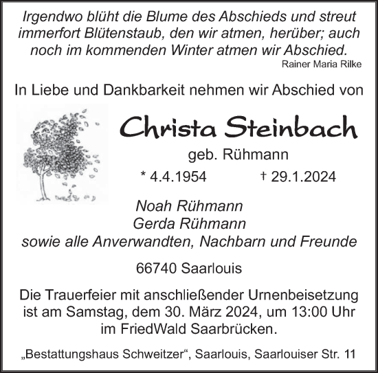 Todesanzeige von Christa Steinbach von saarbruecker_zeitung