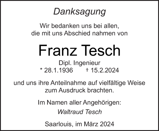 Todesanzeige von Franz Tesch von saarbruecker_zeitung