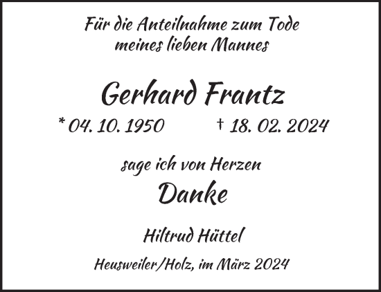 Todesanzeige von Gerhard Frantz von saarbruecker_zeitung