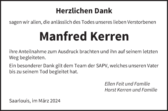 Todesanzeige von Manfred Kerren von saarbruecker_zeitung