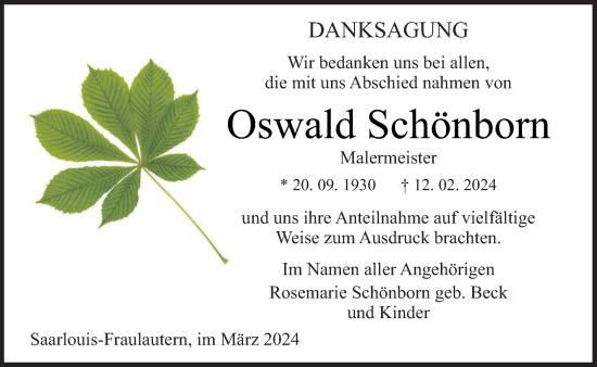 Todesanzeige von Oswald Schönborn von saarbruecker_zeitung
