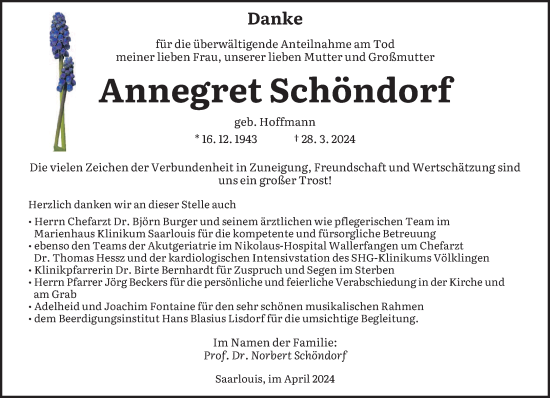 Todesanzeige von Annegret Schöndorf von saarbruecker_zeitung