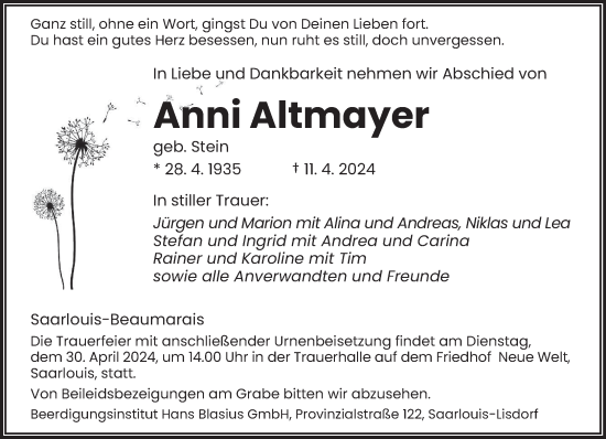 Todesanzeige von Anni Altmayer von saarbruecker_zeitung