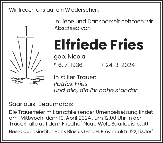 Todesanzeige von Elfriede Fries von saarbruecker_zeitung