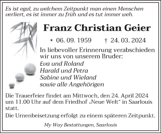 Todesanzeige von Franz Christian Geier von saarbruecker_zeitung