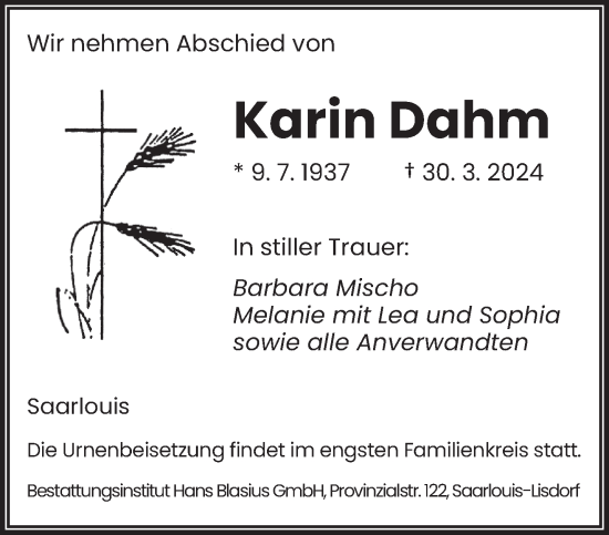 Todesanzeige von Karin Dahm von saarbruecker_zeitung