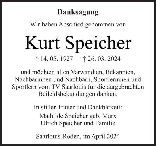 Todesanzeige von Kurt Speicher von saarbruecker_zeitung