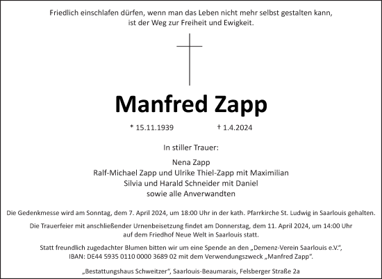 Todesanzeige von Manfred Zapp von saarbruecker_zeitung