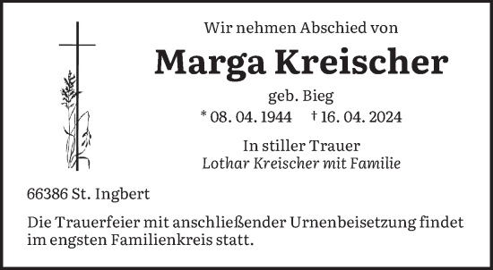 Todesanzeige von Marga Kreischer von saarbruecker_zeitung
