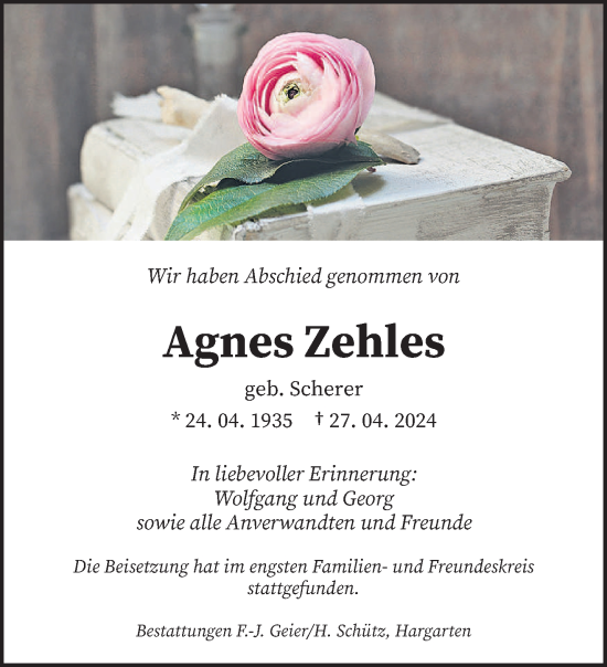 Todesanzeige von Agnes Zehles von saarbruecker_zeitung