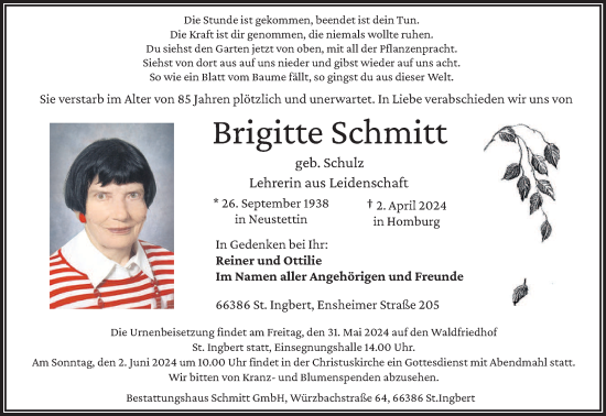 Todesanzeige von Brigitte Schmitt von saarbruecker_zeitung
