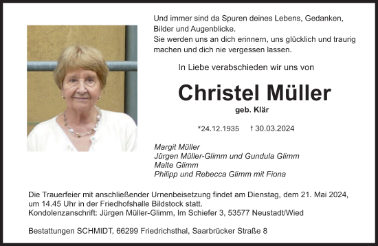 Todesanzeige von Christel Müller von saarbruecker_zeitung