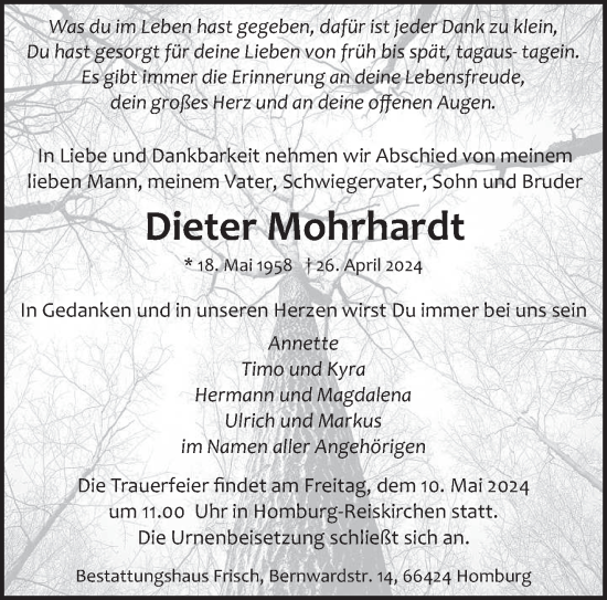 Todesanzeige von Dieter Mohrhardt von saarbruecker_zeitung