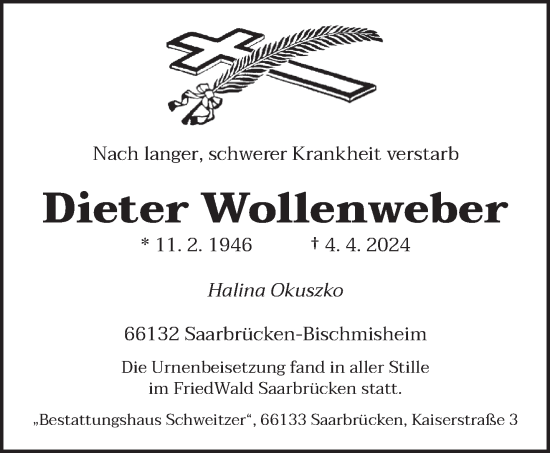 Todesanzeige von Dieter Wollenweber von saarbruecker_zeitung