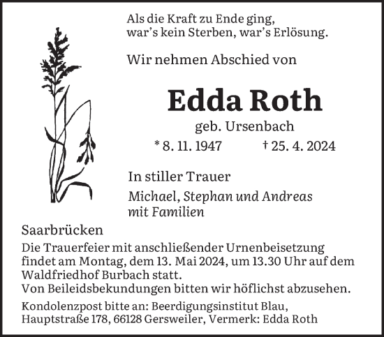 Todesanzeige von Edda Roth von saarbruecker_zeitung