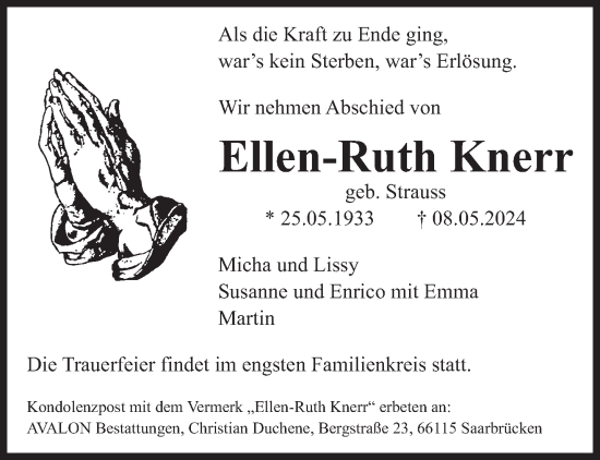 Todesanzeige von Ellen-Ruth Knerr von saarbruecker_zeitung