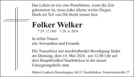 Todesanzeige von Folker Welker von saarbruecker_zeitung