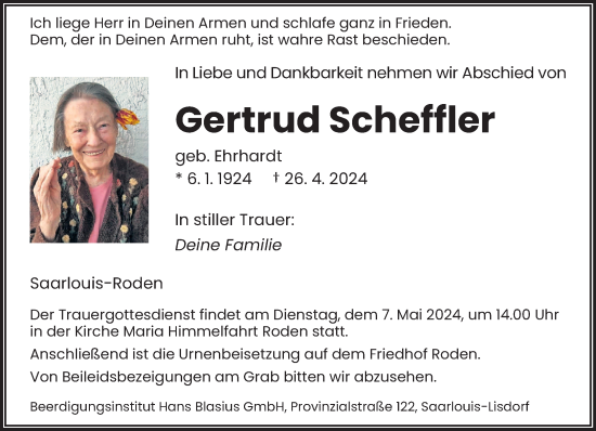 Todesanzeige von Gertrud Scheffler von saarbruecker_zeitung
