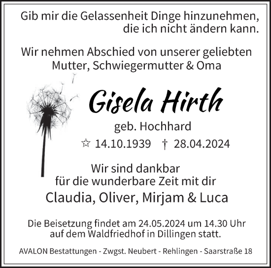 Todesanzeige von Gisela Hirth von saarbruecker_zeitung