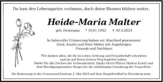 Todesanzeige von Heide-Maria Malter von saarbruecker_zeitung