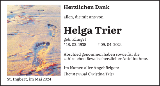 Todesanzeige von Helga Trier von saarbruecker_zeitung