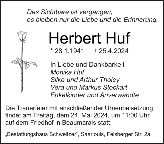 Todesanzeige von Herbert Huf von saarbruecker_zeitung