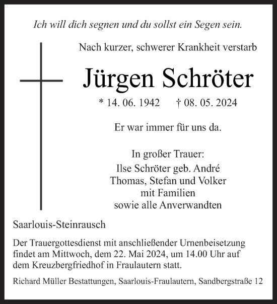 Todesanzeige von Jürgen Schröter von saarbruecker_zeitung