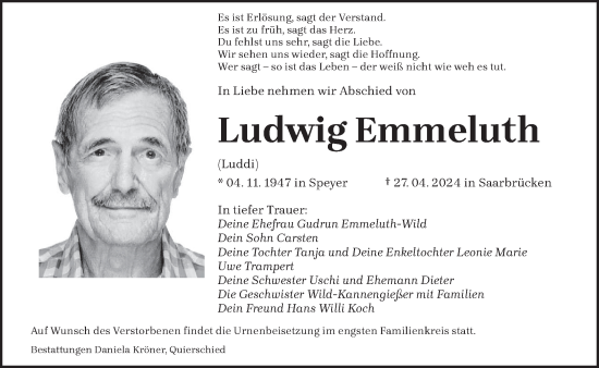 Todesanzeige von Ludwig Emmeluth von saarbruecker_zeitung
