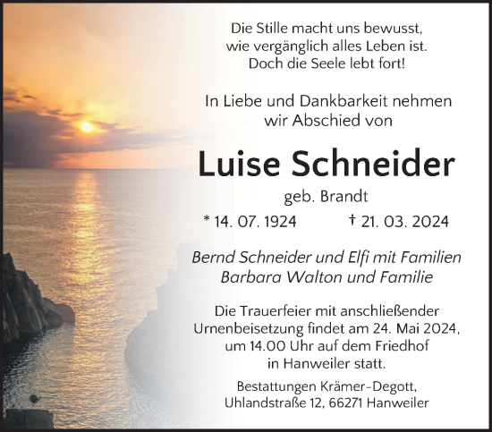 Todesanzeige von Luise Schneider von saarbruecker_zeitung