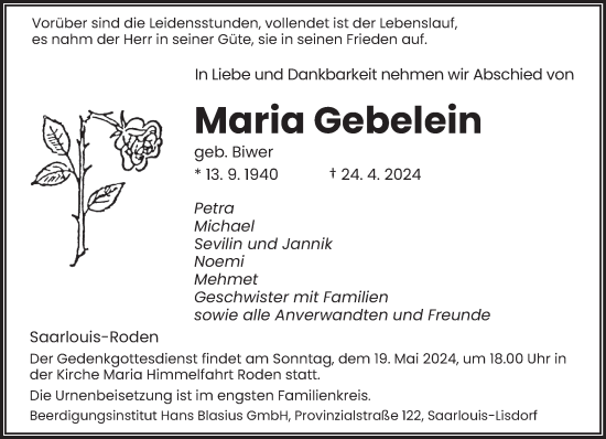 Todesanzeige von Maria Gebelein von saarbruecker_zeitung