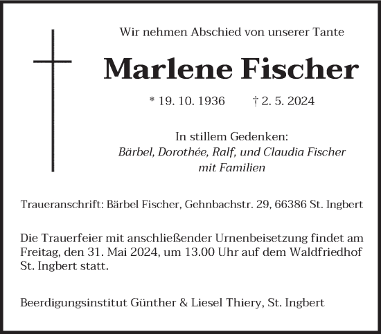 Todesanzeige von Marlene Fischer von saarbruecker_zeitung