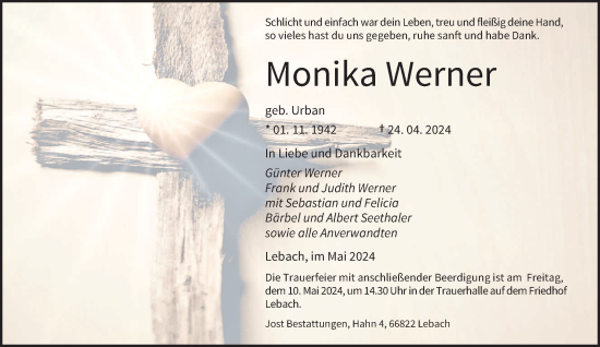 Todesanzeige von Monika Werner von saarbruecker_zeitung