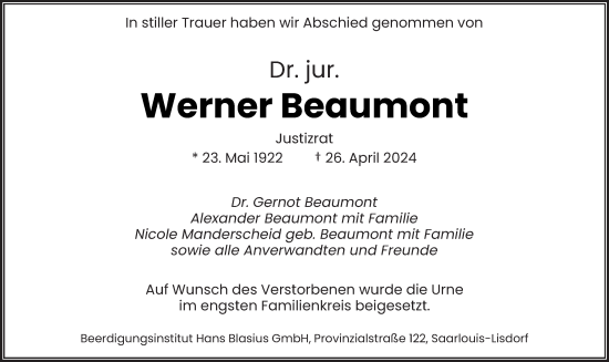 Todesanzeige von Werner Beaumont von saarbruecker_zeitung