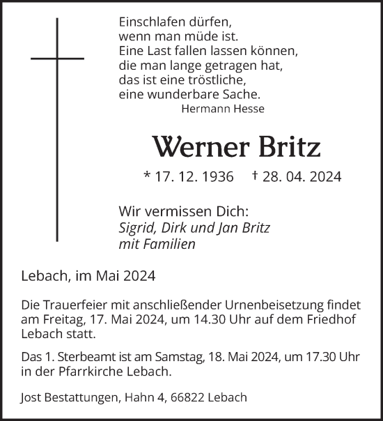 Todesanzeige von Werner Britz von saarbruecker_zeitung