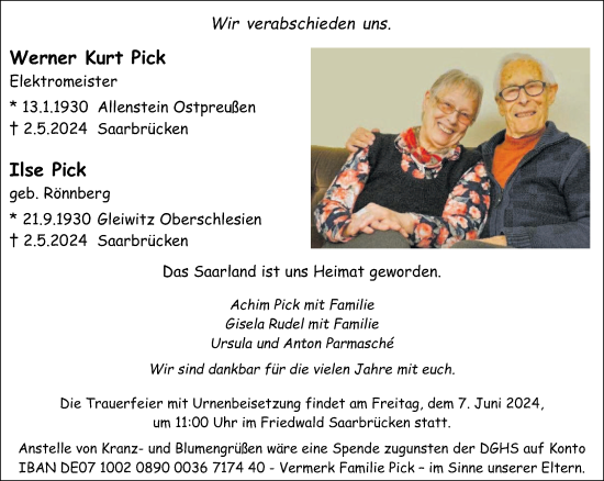 Todesanzeige von Werner Kurt und Ilse Pick von saarbruecker_zeitung