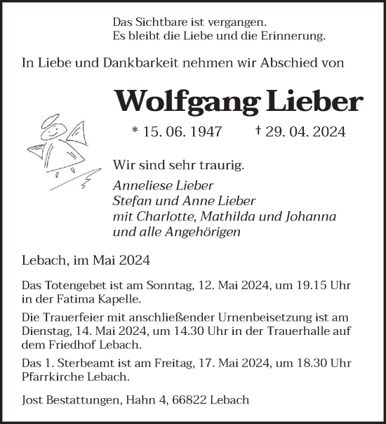 Todesanzeige von Wolfgang Lieber von saarbruecker_zeitung