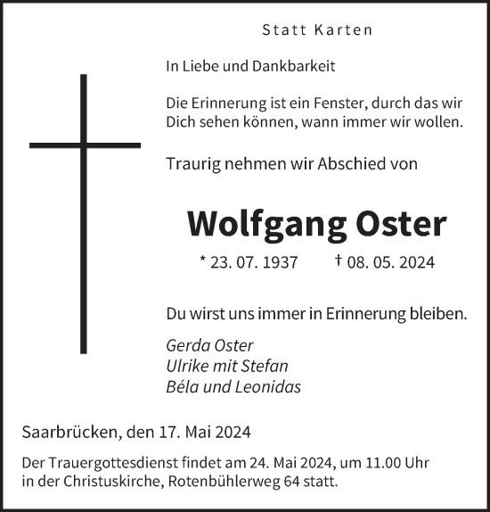 Todesanzeige von Wolfgang Oster von saarbruecker_zeitung