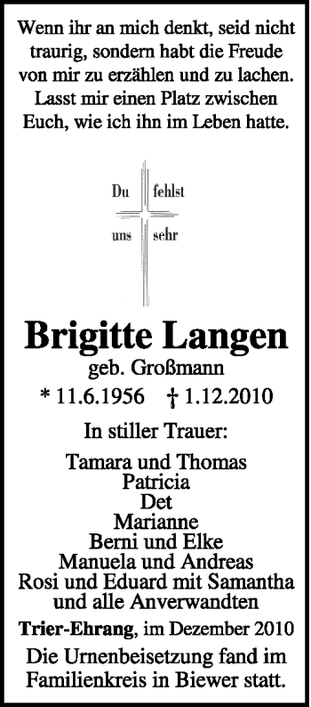 Todesanzeige von Brigitte Langen von TRIERISCHER VOLKSFREUND