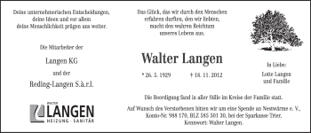 Todesanzeige von Walter Langen von TRIERISCHER VOLKSFREUND