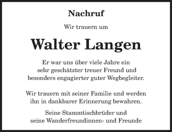 Todesanzeige von Walter Langen von TRIERISCHER VOLKSFREUND