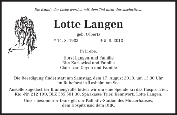 Todesanzeige von Lotte Langen von TRIERISCHER VOLKSFREUND