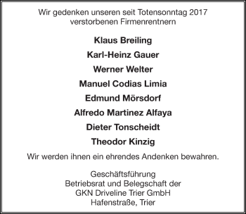 Todesanzeige von Wir gedenken GKN Driveline Trier GmbH von trierischer_volksfreund